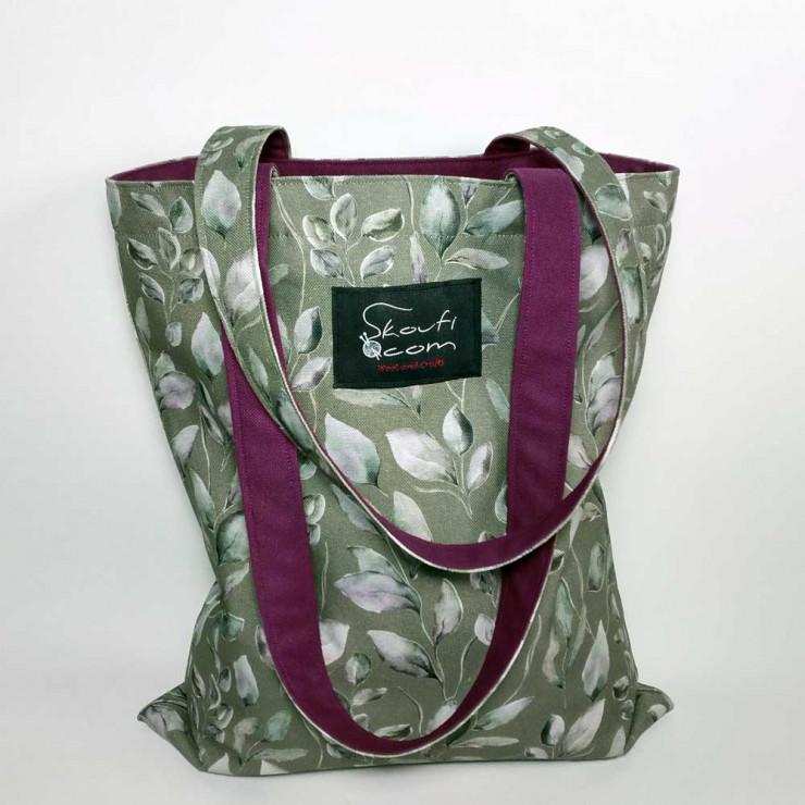Υφασμάτινη τσάντα Tote Bag 100% Cotton OEKO TEX 100-Λαδί-Μωβ-Διαστάσεις cm: 33χ38