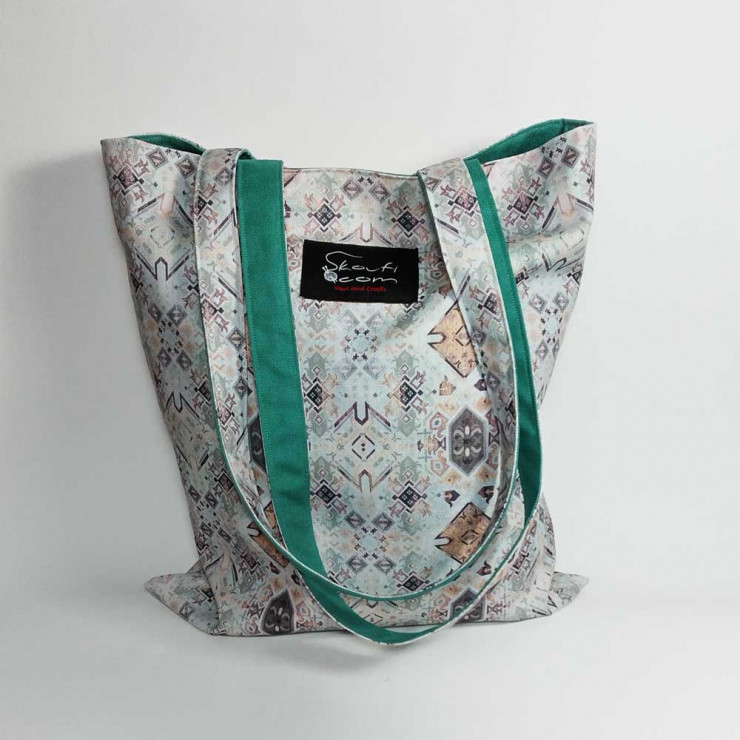 Υφασμάτινη τσάντα Tote Bag 100% Cotton OEKO TEX 100-Γεωμετρικά σχήματα σε σμαραγδί-Διαστάσεις cm: 33χ38