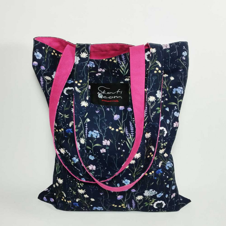 Υφασμάτινη Tote Bag 100% Βαμβακερή (OEKO-TEX) | Λουλουδάκια Μπλε | Επένδυση: Φούξια| Διαστάσεις: 33x38 cm | Με Επιλογές χρωμάτων