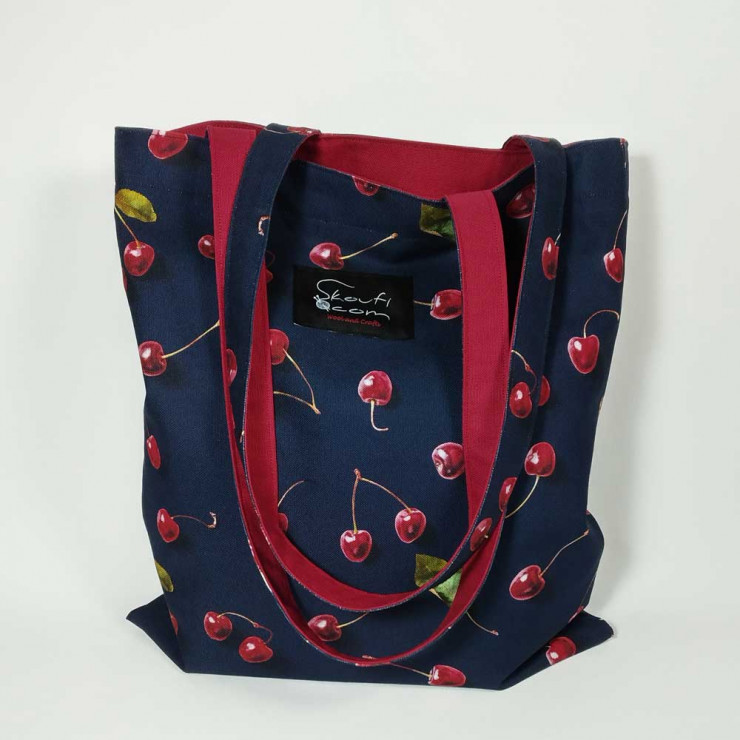 Εξαντλημένη!  Υφασμάτινη τσάντα Tote Bag 100% Cotton OEKO TEX 100-Κεράσια-Μπλε-Κόκκινο-Διαστάσεις cm: 33χ38