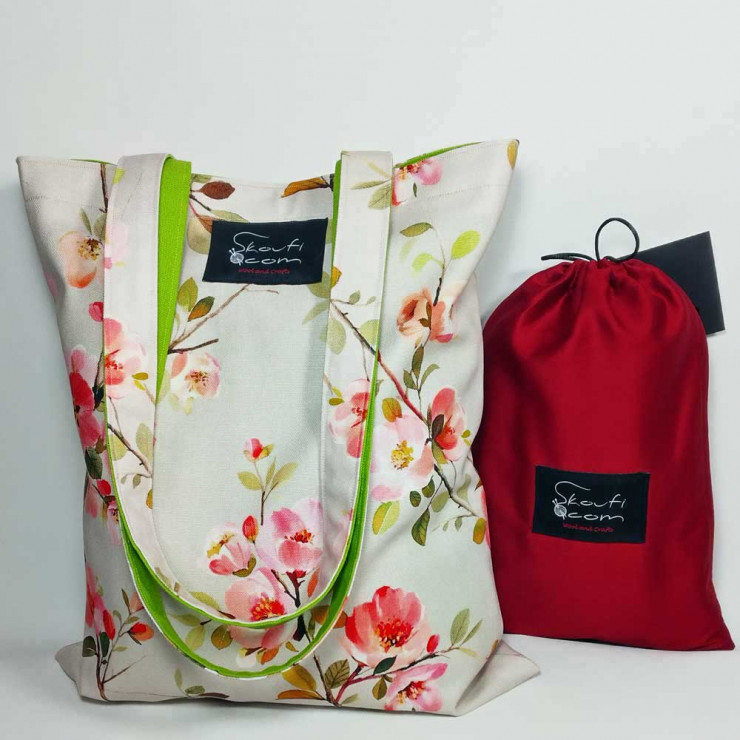 Υφασμάτινη τσάντα Tote Bag 100% Cotton OEKO TEX 100-Wild Roses in Lime-Διαστάσεις cm: 33χ38 (με επιλογές)