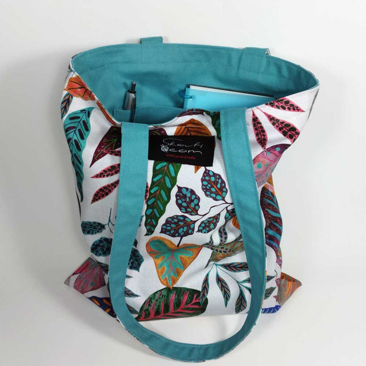 Υφασμάτινη τσάντα Tote Bag 100% Cotton OEKO TEX 100-Χρωματιστά-Φύλλα-Λευκό-Πετρόλ-Διαστάσεις cm: 33χ38  (με επιλογές )