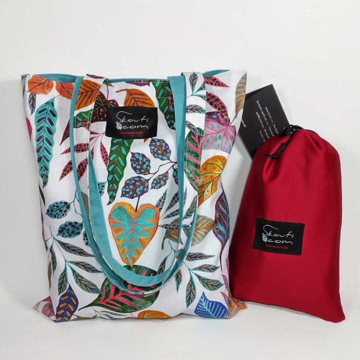 Υφασμάτινη τσάντα Tote Bag 100% Cotton OEKO TEX 100-Χρωματιστά-Φύλλα-Λευκό-Πετρόλ-Διαστάσεις cm: 33χ38  (με επιλογές )