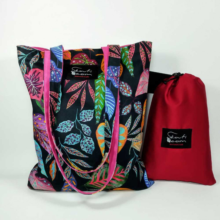 Υφασμάτινη τσάντα Tote Bag 100% Cotton OEKO TEX 100-Χρωματιστά-Φύλλα-Μαύρο-Φούξια-Διαστάσεις cm: 33χ38  (με επιλογές )