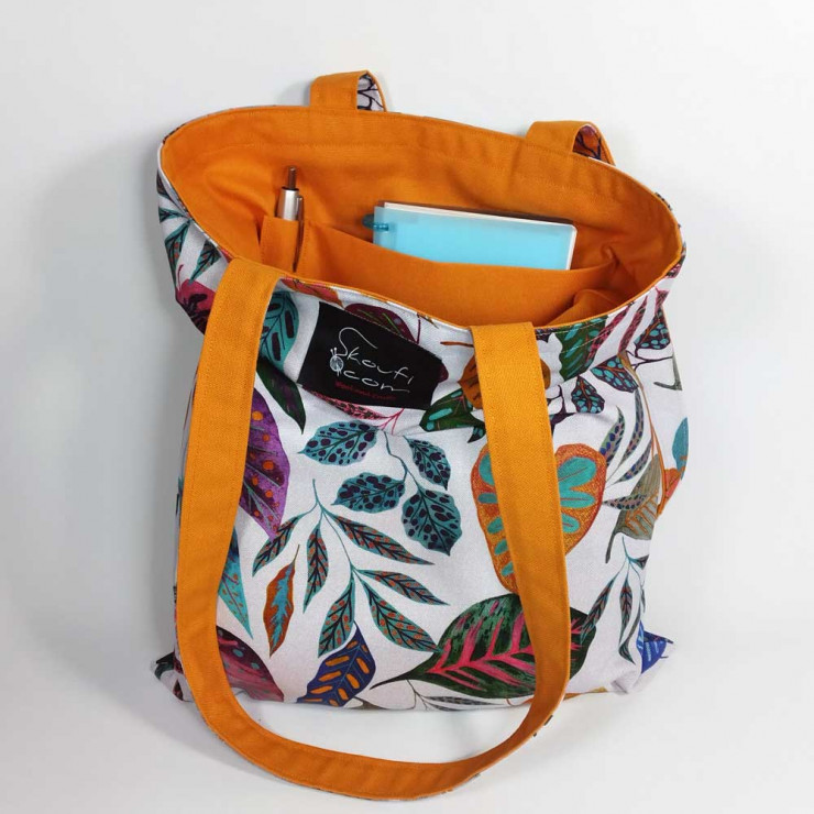Υφασμάτινη τσάντα Tote Bag 100% Cotton OEKO TEX 100-Χρωματιστά-Φύλλα-Λευκό-Ώχρα-Διαστάσεις cm: 33χ38  (με επιλογές )