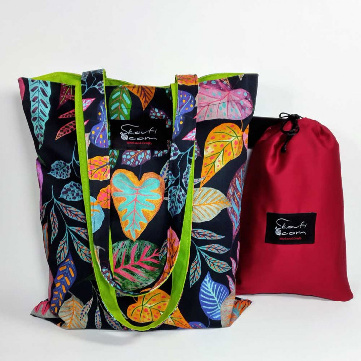Υφασμάτινη τσάντα Tote Bag 100% Cotton OEKO TEX 100-Χρωματιστά-Φύλλα-Μαύρο-Lime-Διαστάσεις cm: 33χ38  