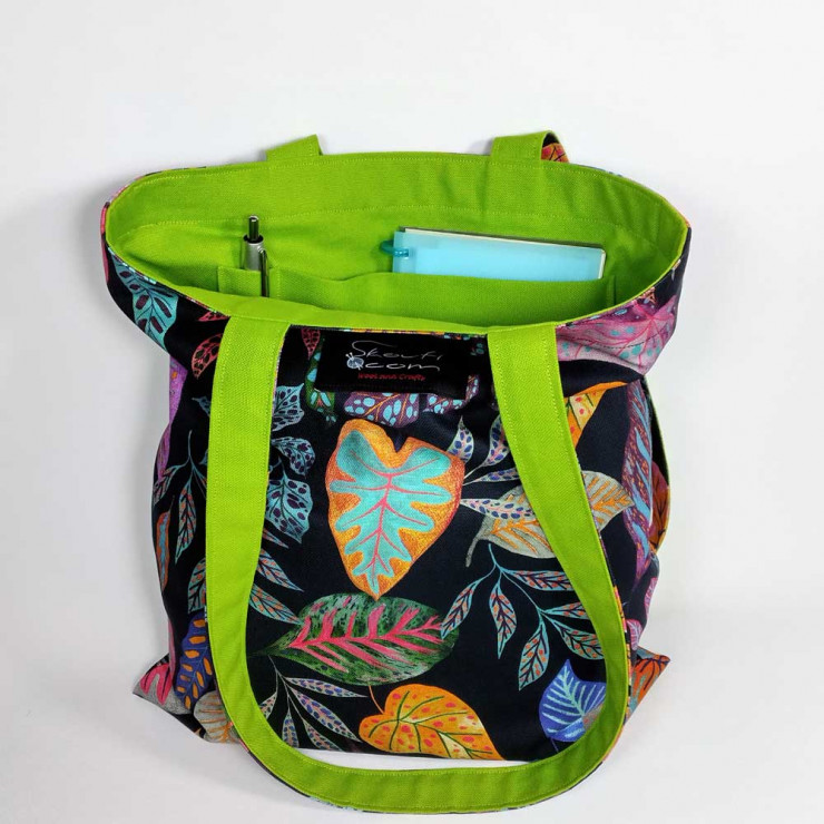 Υφασμάτινη τσάντα Tote Bag 100% Cotton OEKO TEX 100-Χρωματιστά-Φύλλα-Μαύρο-Lime-Διαστάσεις cm: 33χ38  