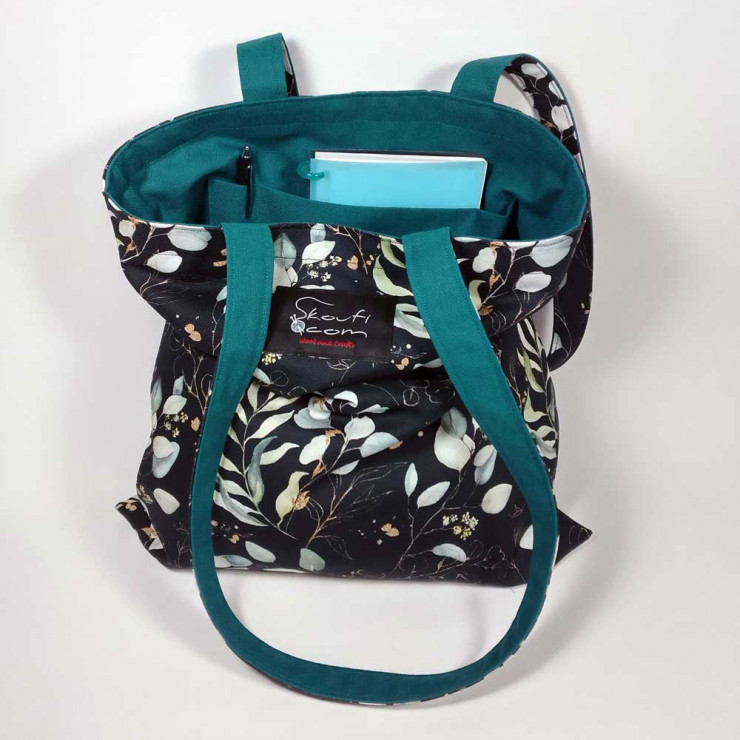 Υφασμάτινη Tote Bag 100% Βαμβακερή (OEKO-TEX) | Μαύρο Φύλλα Ευκάλυπτου | Επένδυση: Πετρόλ Σκούρο | Διαστάσεις: 33x38 cm
