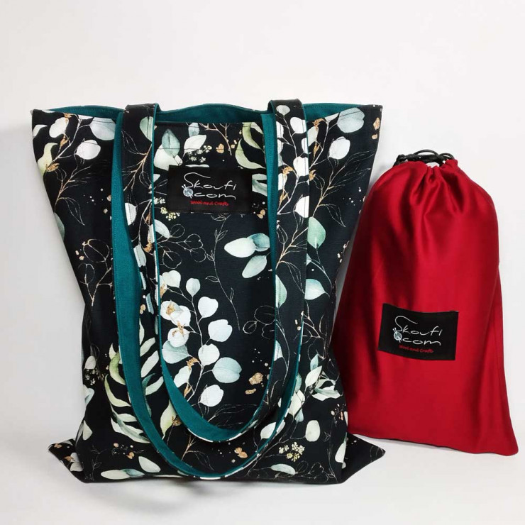 Υφασμάτινη Tote Bag 100% Βαμβακερή (OEKO-TEX) | Μαύρο Φύλλα Ευκάλυπτου | Επένδυση: Πετρόλ Σκούρο | Διαστάσεις: 33x38 cm