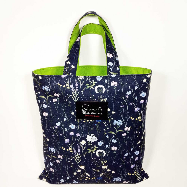 Υφασμάτινη Tote Bag 100% Βαμβακερή (OEKO-TEX) | Λουλουδάκια Μπλε | Επένδυση: Lime | Διαστάσεις: 30x31 cm | Με Επιλογές χρωμάτων