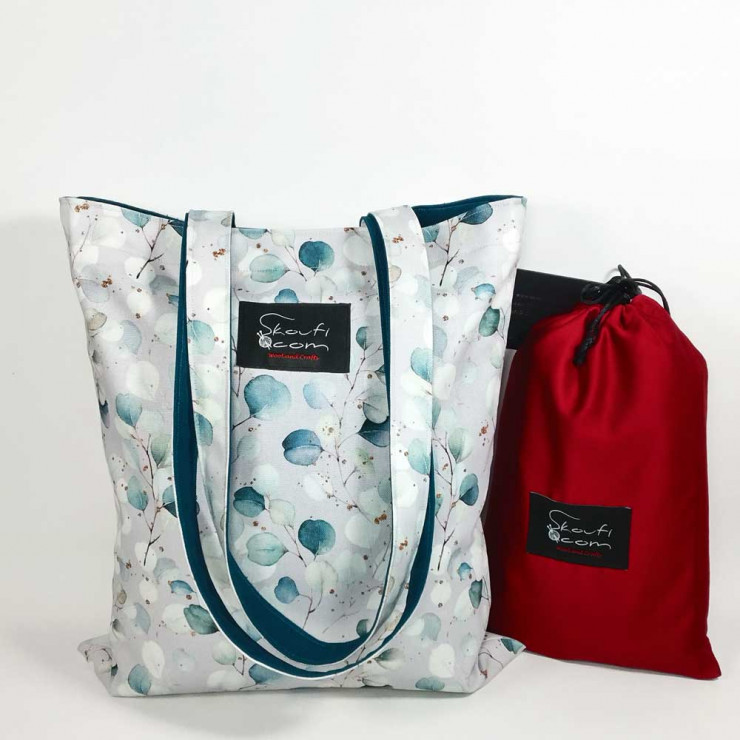 Υφασμάτινη Tote Bag 100% Βαμβακερή (OEKO-TEX) | Σχέδιο: Φύλλα Ευκάλυπτου σε Ζαχαρί | Επένδυση: Πετρόλ Σκούρο | Διαστάσεις: 33x38 cm