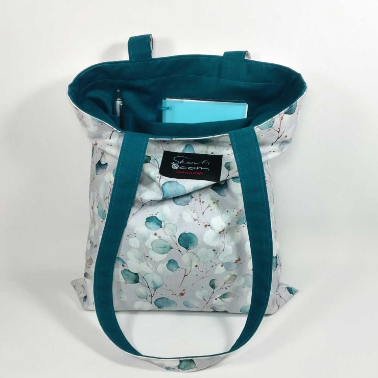 Υφασμάτινη Tote Bag 100% Βαμβακερή (OEKO-TEX) | Σχέδιο: Φύλλα Ευκάλυπτου σε Ζαχαρί | Επένδυση: Πετρόλ Σκούρο | Διαστάσεις: 33x38 cm