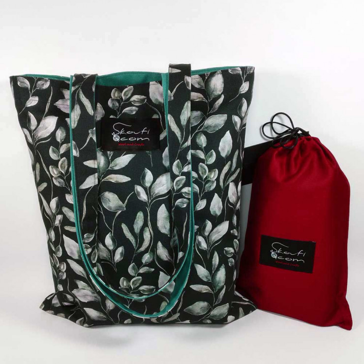 Υφασμάτινη Tote Bag 100% Βαμβακερή (OEKO-TEX) | Σχέδιο: Ασημοπράσινα Φύλλα σε Ανθρακί | Επένδυση: Σμαραγδί | Διαστάσεις: 33x38 cm