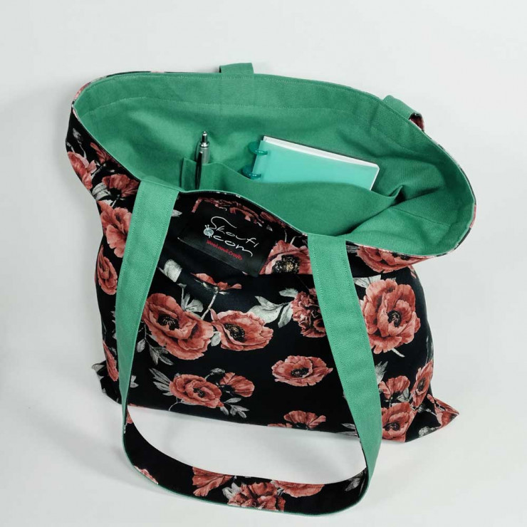 Υφασμάτινη Tote Bag 100% Βαμβακερή (OEKO-TEX) | Σχέδιο: Παιώνιες | Επένδυση: Σμαραγδί | Διαστάσεις: 38x38 cm