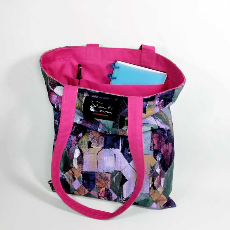 Υφασμάτινη Tote Bag 100% Βαμβακερή (OEKO-TEX) | Σχέδιο: Αφηρημένα Πολύχρωμη | Επένδυση: Φούξια | Διαστάσεις: 33x38 cm