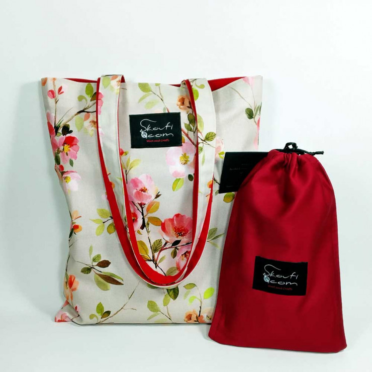 Υφασμάτινη Tote Bag 100% Βαμβακερή (OEKO-TEX) | Σχέδιο: Άγρια Τριαντάφυλλα | Επένδυση: Κόκκινο | Διαστάσεις: 33x38 cm