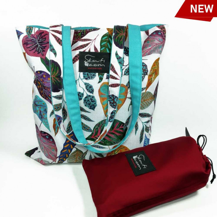 Υφασμάτινη Tote Bag 100% Βαμβακερή (OEKO-TEX) | Λευκό με Χρωματιστά Φύλλα | Επένδυση: Aqua | Διαστάσεις: 38x38 cm