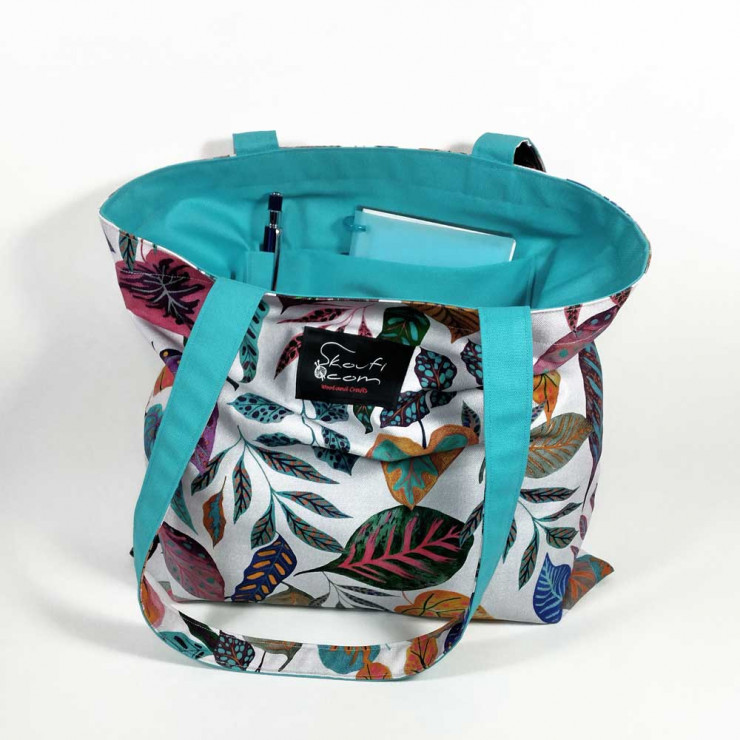 Υφασμάτινη Tote Bag 100% Βαμβακερή (OEKO-TEX) | Λευκό με Χρωματιστά Φύλλα | Επένδυση: Aqua | Διαστάσεις: 38x38 cm