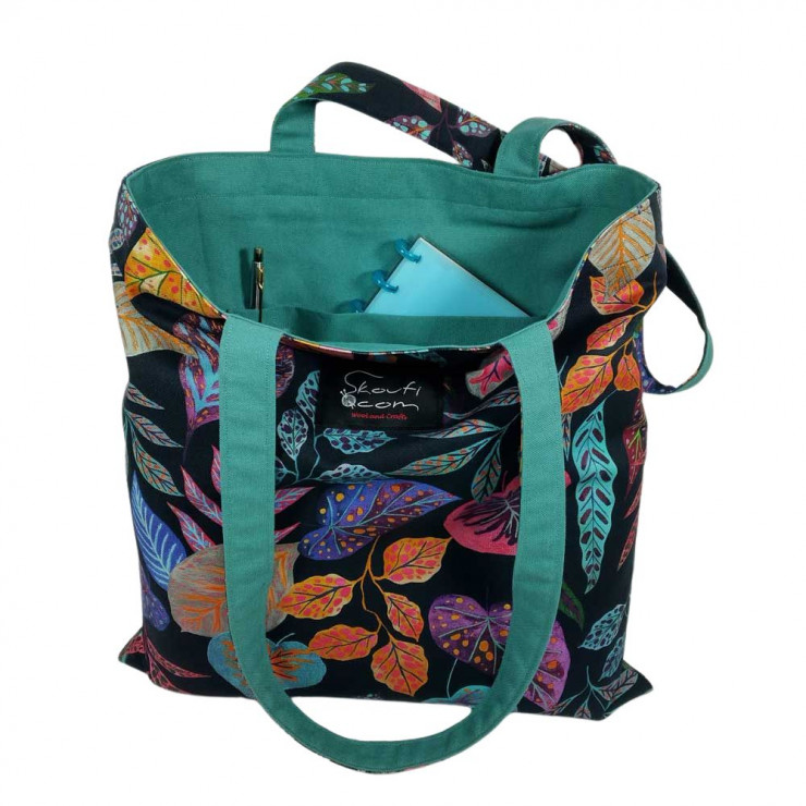 Υφασμάτινη Tote Bag 100% Βαμβακερή (OEKO-TEX) | Μαύρο με Χρωματιστά Φύλλα | Επένδυση: Σμαραγδί | Διαστάσεις: 38x38 cm