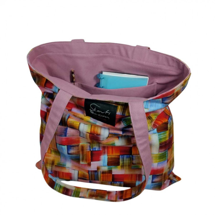 Χειροποίητη Tote Bag “Πολύχρωμα Πλακάκια” – Βαμβακερή (OEKO-TEX) – Rosa Antico Επένδυση – 38x38 cm