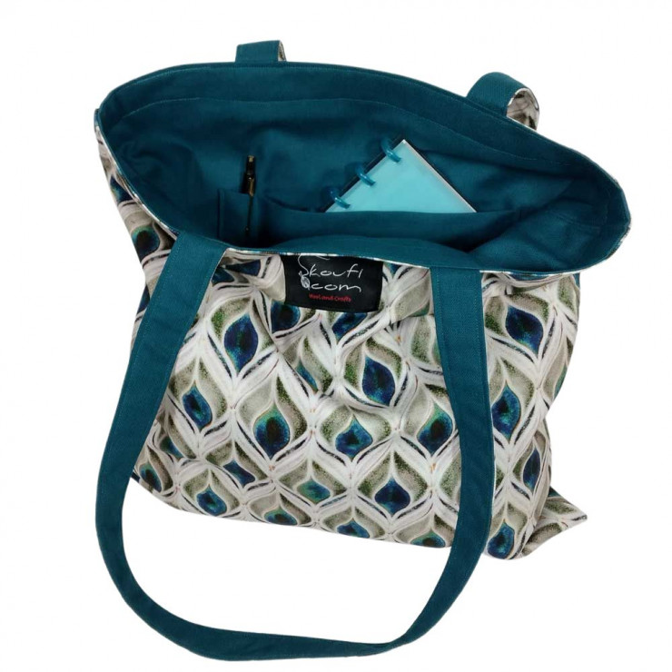 Χειροποίητη Tote Bag “Παγώνι” – Βαμβακερή (OEKO-TEX) – Πετρόλ Επένδυση – 38x38 cm