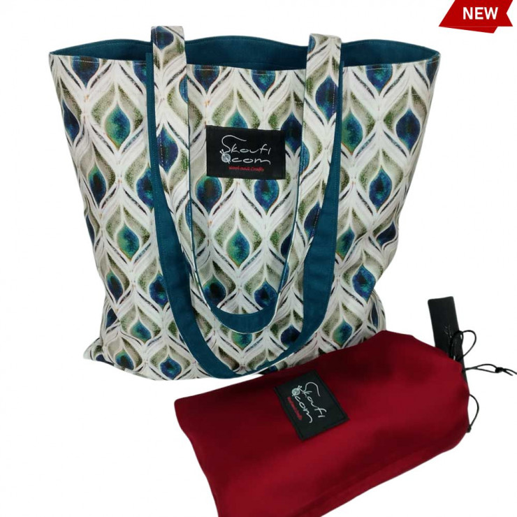 Χειροποίητη Tote Bag “Παγώνι” – Βαμβακερή (OEKO-TEX) – Πετρόλ Επένδυση – 38x38 cm